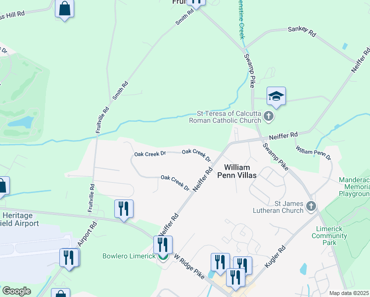 map of restaurants, bars, coffee shops, grocery stores, and more near 140 Oak Creek Drive in Royersford