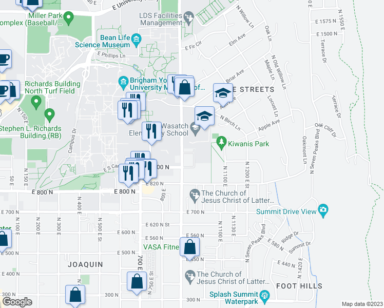 map of restaurants, bars, coffee shops, grocery stores, and more near 972 900 East in Provo