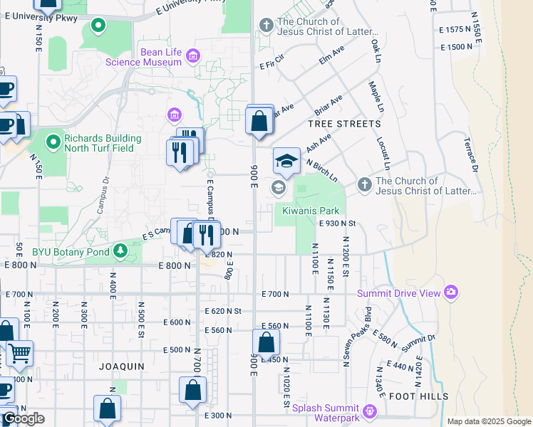 map of restaurants, bars, coffee shops, grocery stores, and more near 966 900 East in Provo
