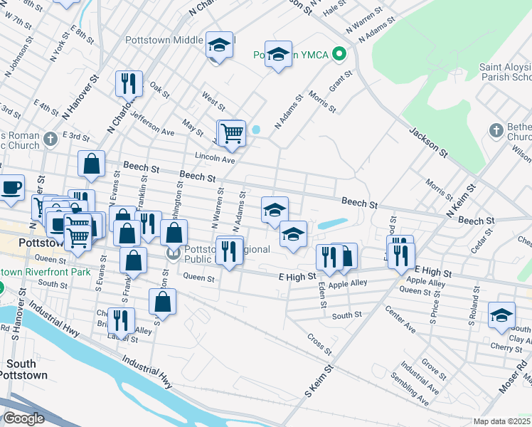 map of restaurants, bars, coffee shops, grocery stores, and more near 680 Walnut Street in Pottstown