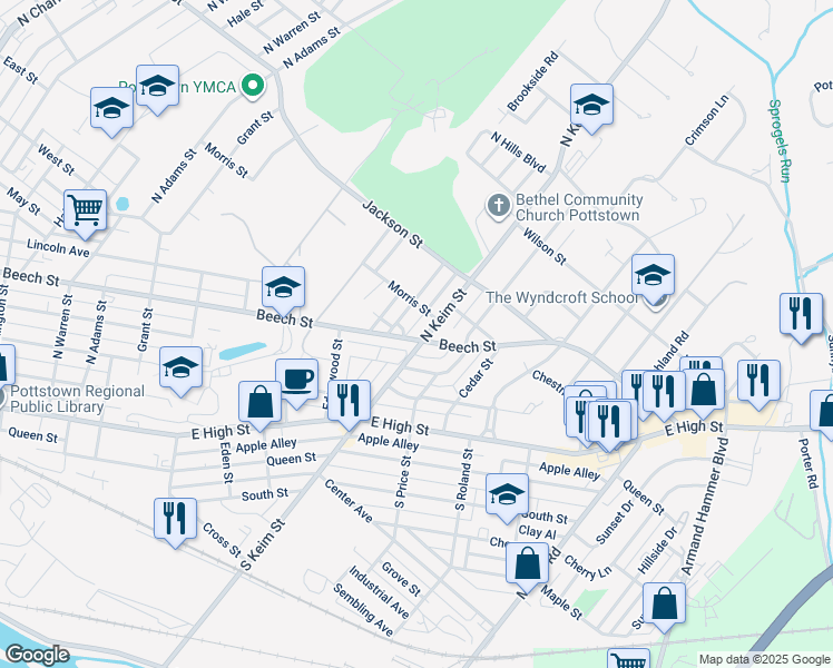 map of restaurants, bars, coffee shops, grocery stores, and more near 201 North Keim Street in Pottstown