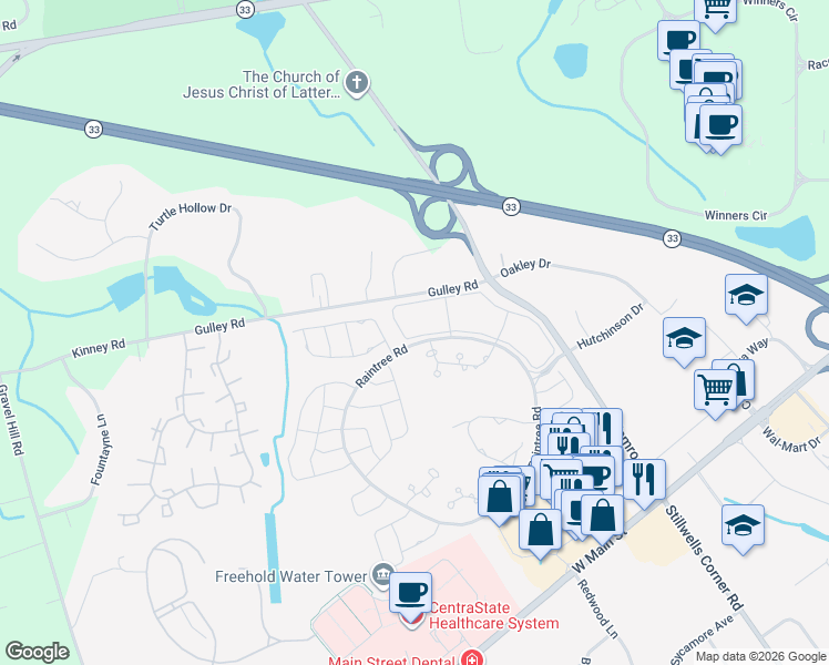 map of restaurants, bars, coffee shops, grocery stores, and more near 1 Pagoda Lane in Freehold