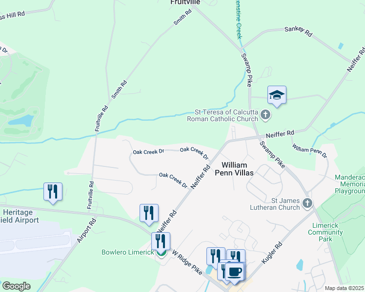 map of restaurants, bars, coffee shops, grocery stores, and more near 140 Oak Creek Drive in Royersford