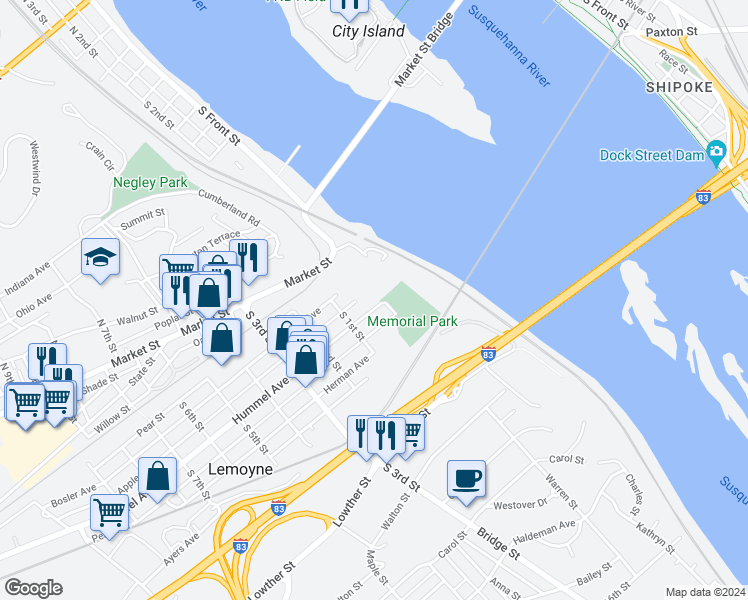 map of restaurants, bars, coffee shops, grocery stores, and more near 67 Hummel Avenue in Lemoyne
