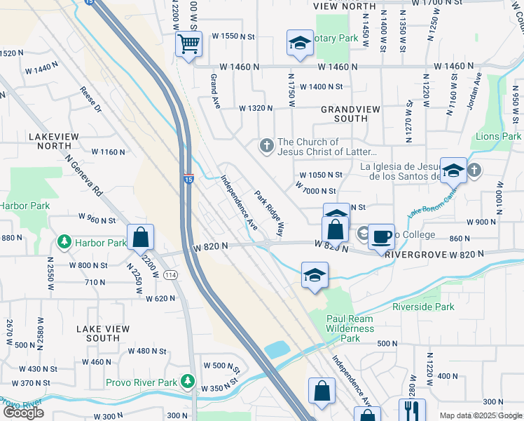 map of restaurants, bars, coffee shops, grocery stores, and more near 887 Park Ridge Way in Provo