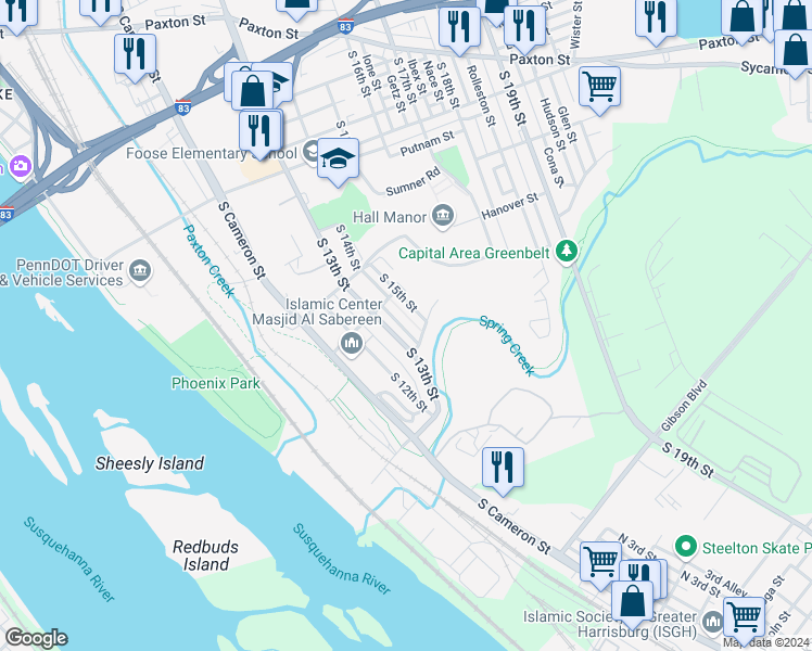 map of restaurants, bars, coffee shops, grocery stores, and more near 1436 South 14th Street in Harrisburg