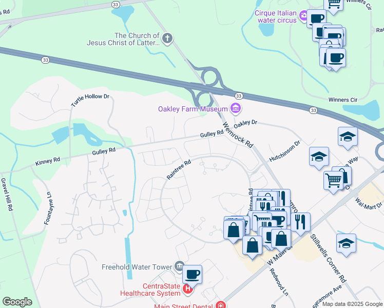 map of restaurants, bars, coffee shops, grocery stores, and more near 170 Tulip Lane in Freehold