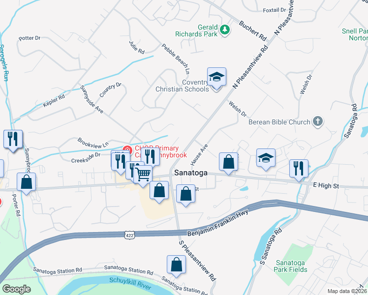 map of restaurants, bars, coffee shops, grocery stores, and more near 298 North Pleasantview Road in Pottstown