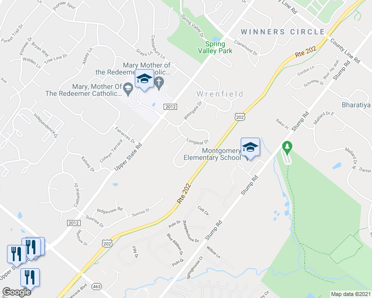 map of restaurants, bars, coffee shops, grocery stores, and more near 105 Preston Drive in North Wales