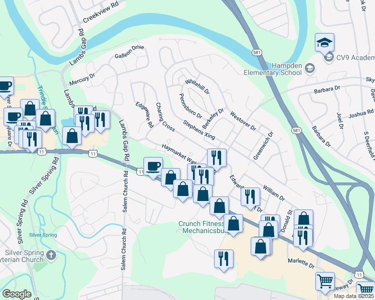 map of restaurants, bars, coffee shops, grocery stores, and more near 6153 Ludgate Cir in Mechanicsburg