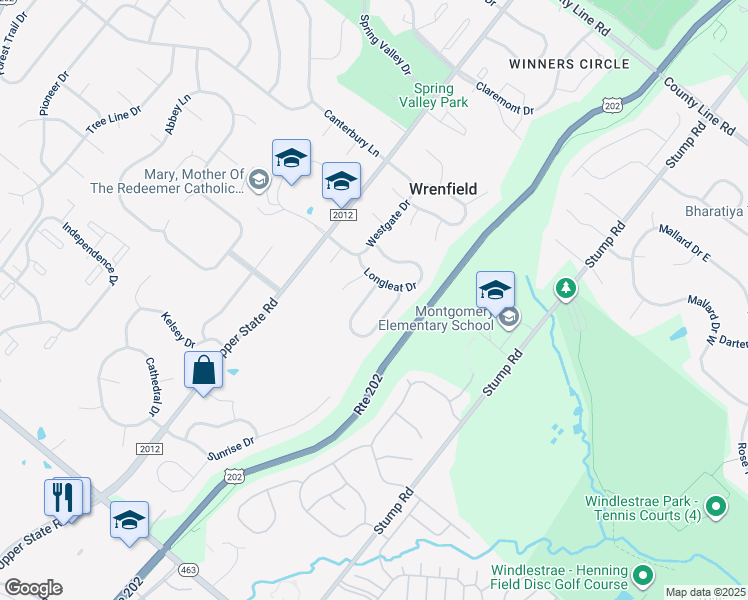 map of restaurants, bars, coffee shops, grocery stores, and more near 105 Preston Drive in North Wales
