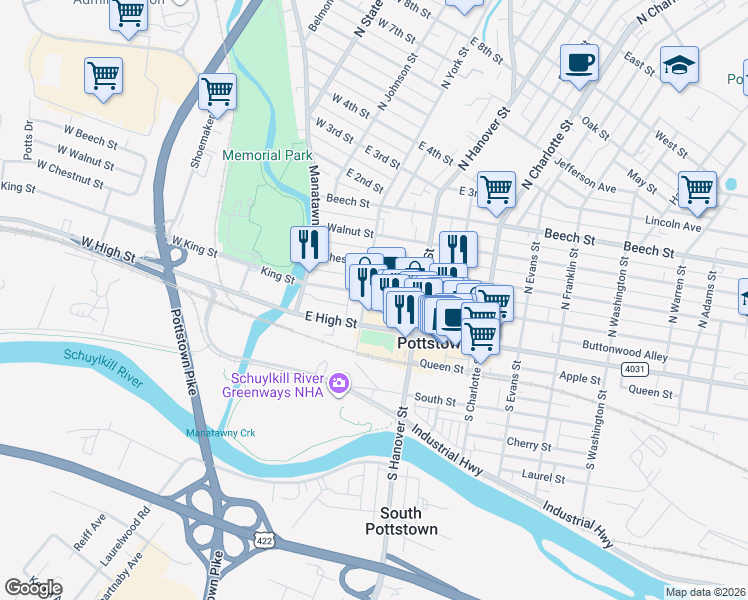 map of restaurants, bars, coffee shops, grocery stores, and more near 16 North York Street in Pottstown