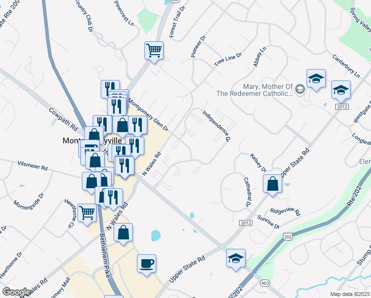 map of restaurants, bars, coffee shops, grocery stores, and more near 107 Hopkins Court in North Wales