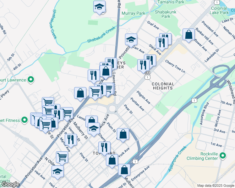 map of restaurants, bars, coffee shops, grocery stores, and more near 160 Lawrenceville Road in Lawrence Township