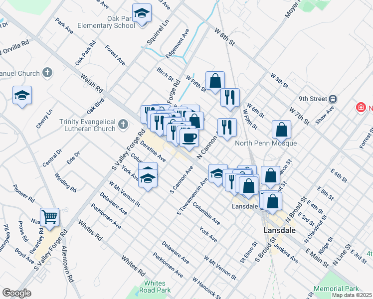 map of restaurants, bars, coffee shops, grocery stores, and more near 728 West Main Street in Lansdale