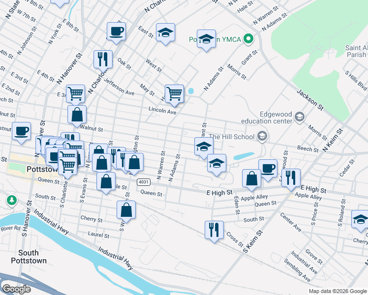 map of restaurants, bars, coffee shops, grocery stores, and more near 647 Chestnut Street in Pottstown