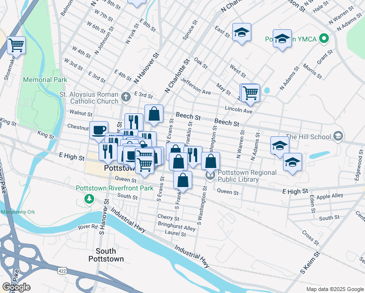 map of restaurants, bars, coffee shops, grocery stores, and more near 355 King Street in Pottstown
