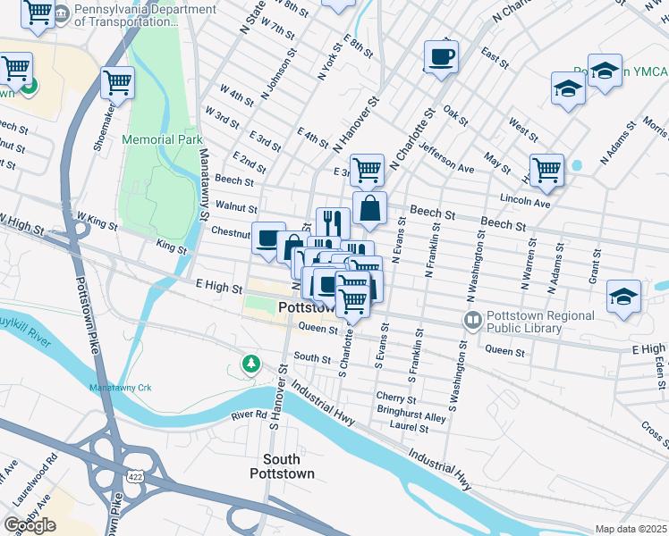 map of restaurants, bars, coffee shops, grocery stores, and more near 263 King Street in Pottstown