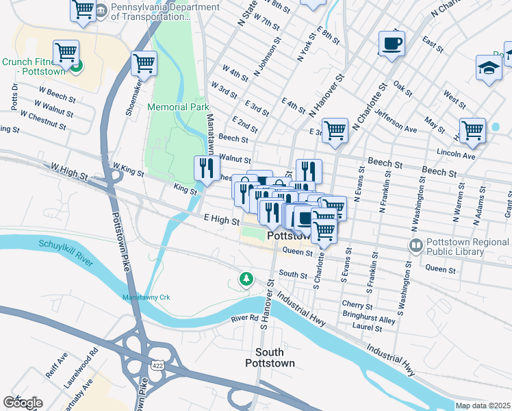 map of restaurants, bars, coffee shops, grocery stores, and more near 16 North York Street in Pottstown