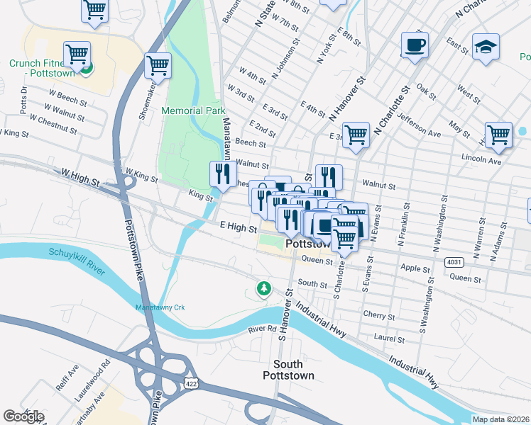 map of restaurants, bars, coffee shops, grocery stores, and more near 16 North York Street in Pottstown