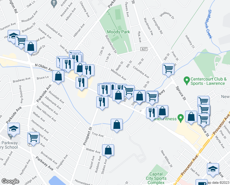 map of restaurants, bars, coffee shops, grocery stores, and more near 1676 North Olden Avenue Extension in Trenton