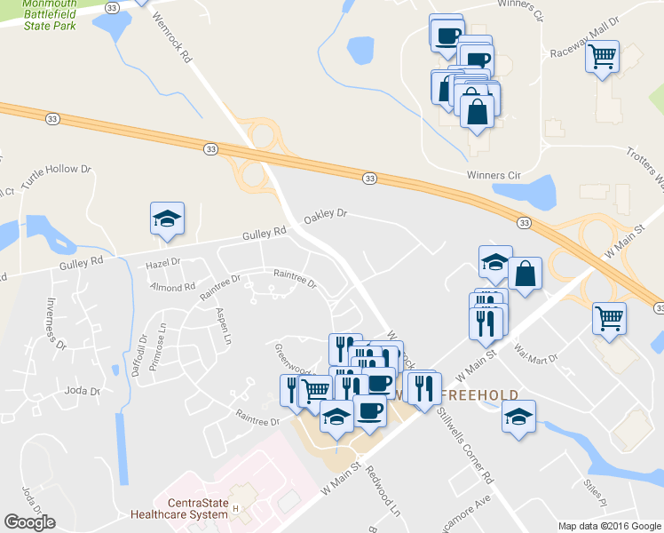 map of restaurants, bars, coffee shops, grocery stores, and more near 312 Tulip Lane in Freehold