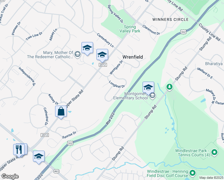 map of restaurants, bars, coffee shops, grocery stores, and more near 105 Preston Drive in North Wales
