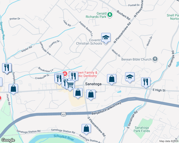 map of restaurants, bars, coffee shops, grocery stores, and more near 298 North Pleasantview Road in Pottstown