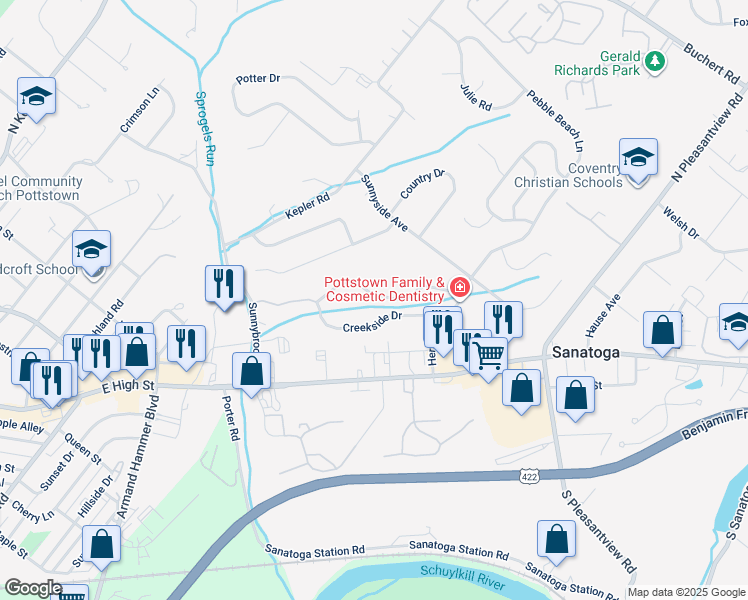 map of restaurants, bars, coffee shops, grocery stores, and more near 78 Brookview Lane in Pottstown