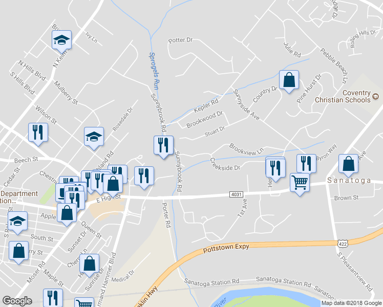 map of restaurants, bars, coffee shops, grocery stores, and more near 13 Creekside Drive in Pottstown