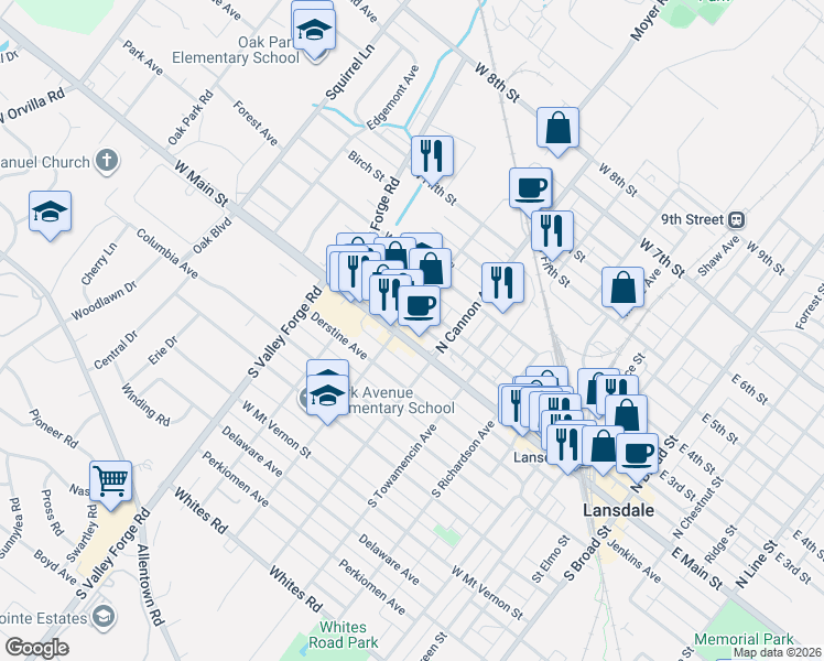 map of restaurants, bars, coffee shops, grocery stores, and more near 728 West Main Street in Lansdale