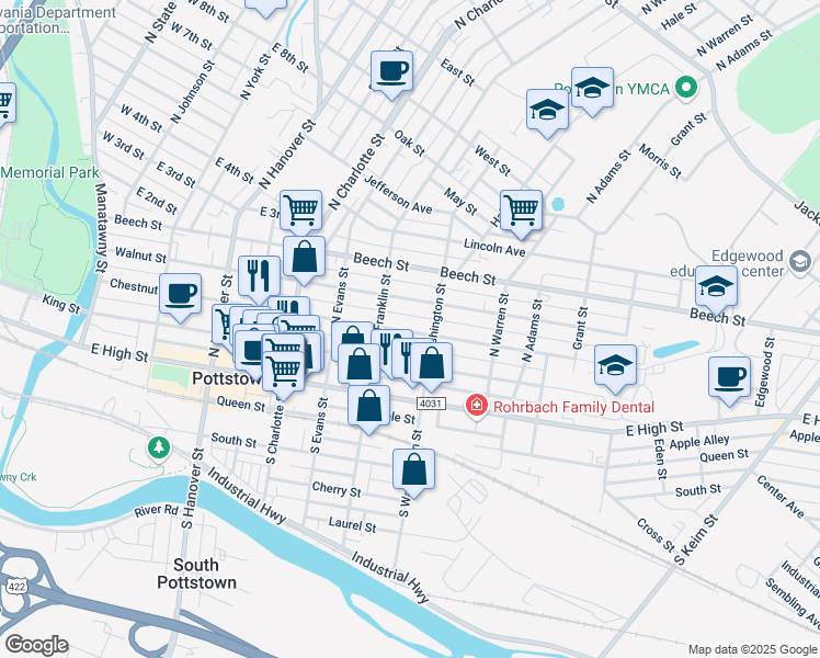 map of restaurants, bars, coffee shops, grocery stores, and more near 435 Chestnut Street in Pottstown