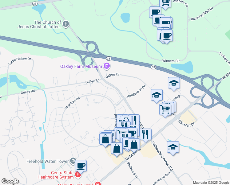 map of restaurants, bars, coffee shops, grocery stores, and more near 322 Tulip Lane in Freehold