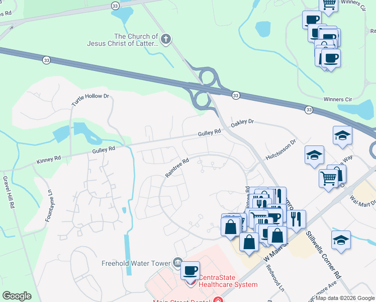 map of restaurants, bars, coffee shops, grocery stores, and more near 1 Pagoda Lane in Freehold
