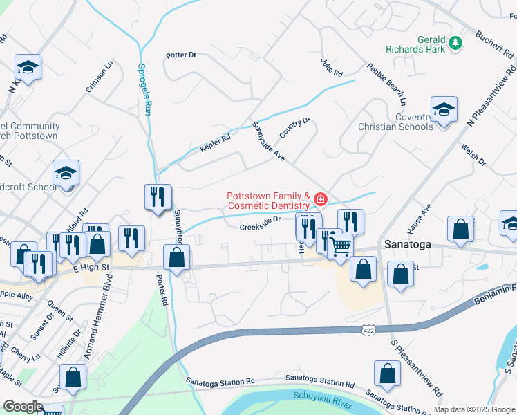 map of restaurants, bars, coffee shops, grocery stores, and more near 76 Brookview Ln in Pottstown