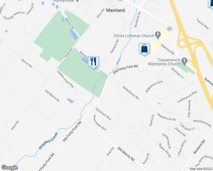 map of restaurants, bars, coffee shops, grocery stores, and more near 1721 Old Forty Foot Road in Harleysville
