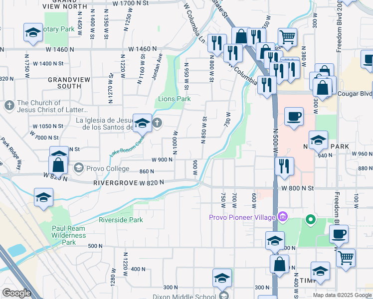 map of restaurants, bars, coffee shops, grocery stores, and more near 952 North 1000 West in Provo