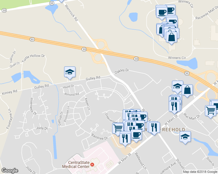 map of restaurants, bars, coffee shops, grocery stores, and more near 78 Tulip Lane in Freehold