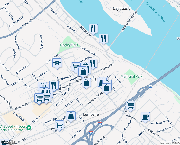 map of restaurants, bars, coffee shops, grocery stores, and more near 31 North 3rd Street in Lemoyne