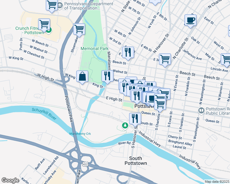 map of restaurants, bars, coffee shops, grocery stores, and more near 41 East High Street in Pottstown