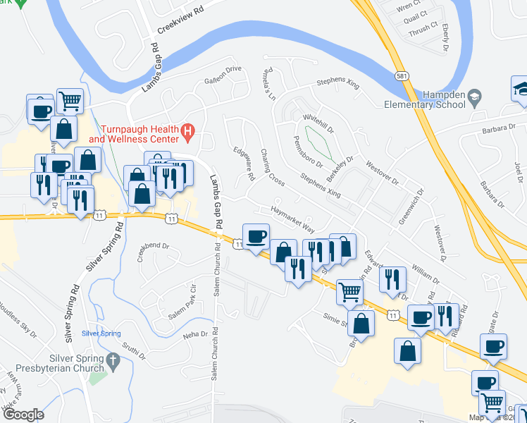 map of restaurants, bars, coffee shops, grocery stores, and more near 6175 Haymarket Way in Mechanicsburg