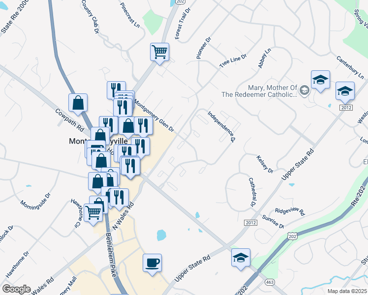 map of restaurants, bars, coffee shops, grocery stores, and more near 203 Hopkins Court in North Wales