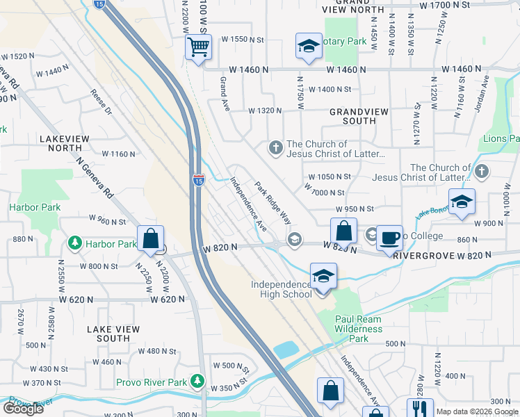map of restaurants, bars, coffee shops, grocery stores, and more near 935 Independence Avenue in Provo