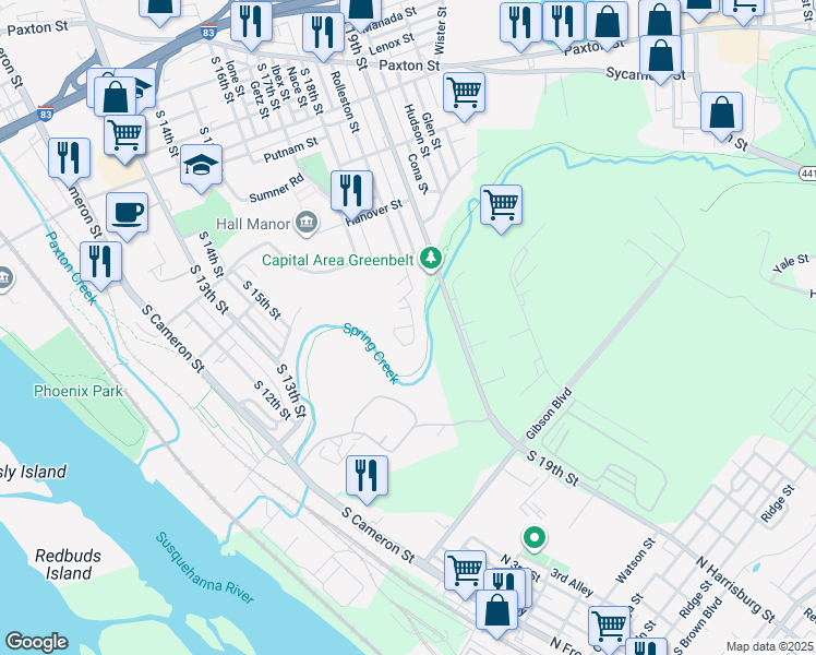 map of restaurants, bars, coffee shops, grocery stores, and more near 12 Ivey Lane in Harrisburg