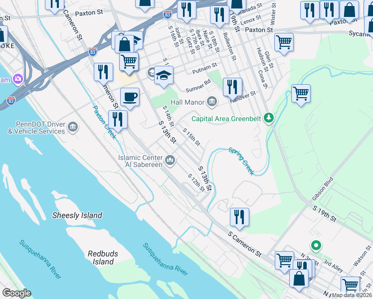 map of restaurants, bars, coffee shops, grocery stores, and more near 1445 South 13th Street in Harrisburg