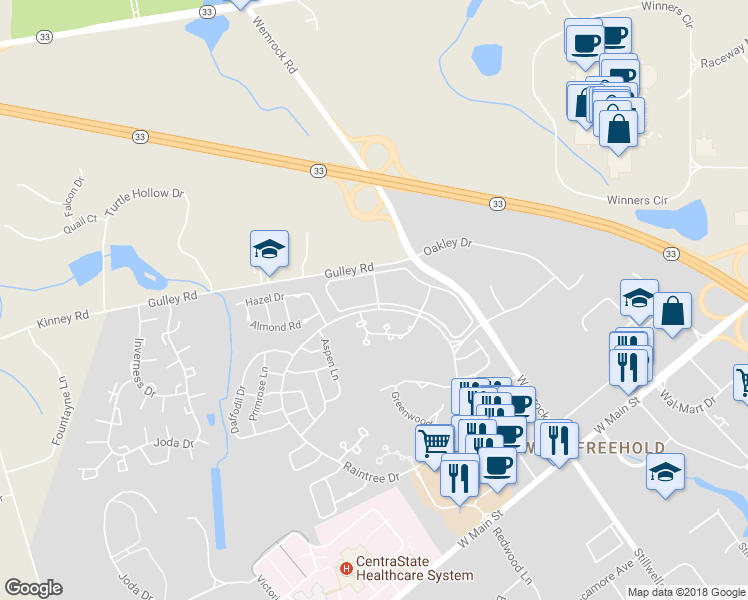 map of restaurants, bars, coffee shops, grocery stores, and more near 113 Tulip Lane in Freehold