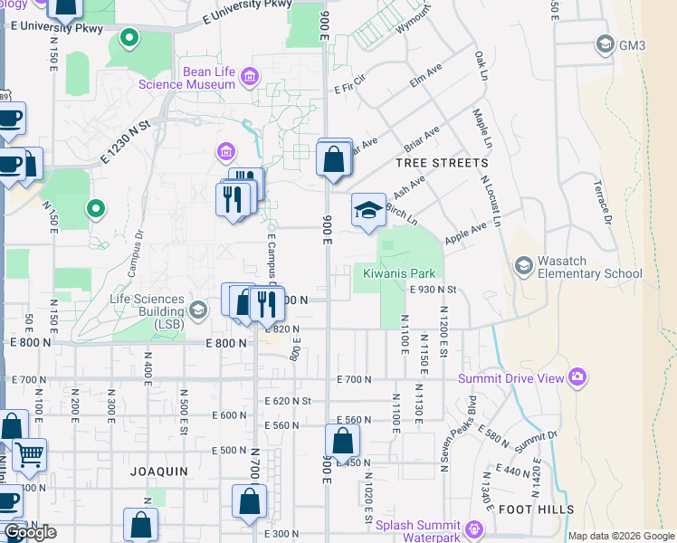 map of restaurants, bars, coffee shops, grocery stores, and more near 986 900 East in Provo