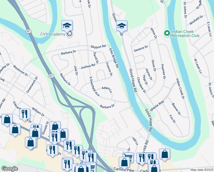 map of restaurants, bars, coffee shops, grocery stores, and more near 482 Adam Lane in Mechanicsburg