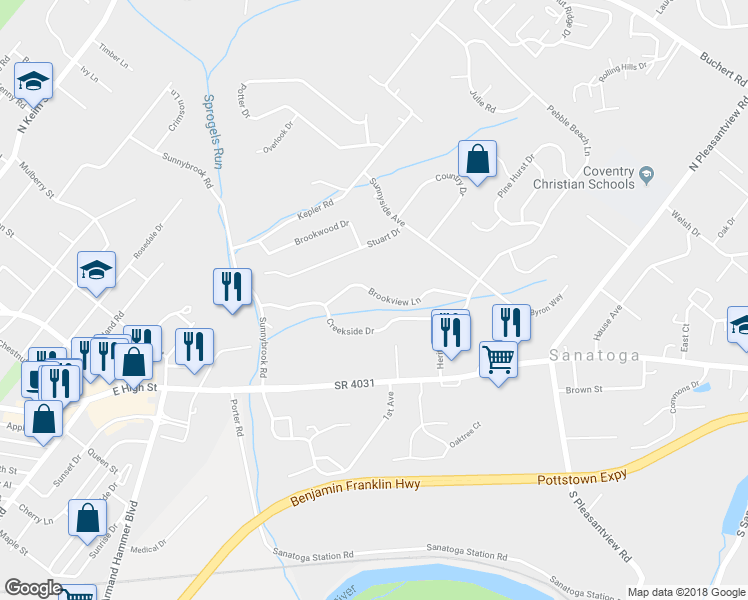 map of restaurants, bars, coffee shops, grocery stores, and more near 72 Brookview Lane in Pottstown