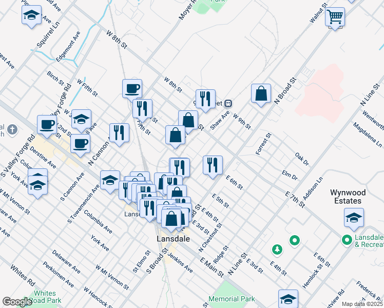 map of restaurants, bars, coffee shops, grocery stores, and more near 122 West 6th Street in Lansdale